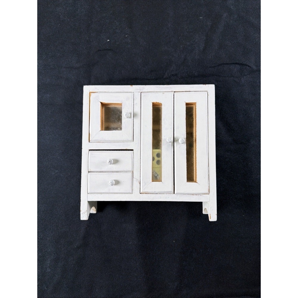 Vintage Dollhouse Miniature Wardrobe Wooden‎ Doors Drawers Mirror